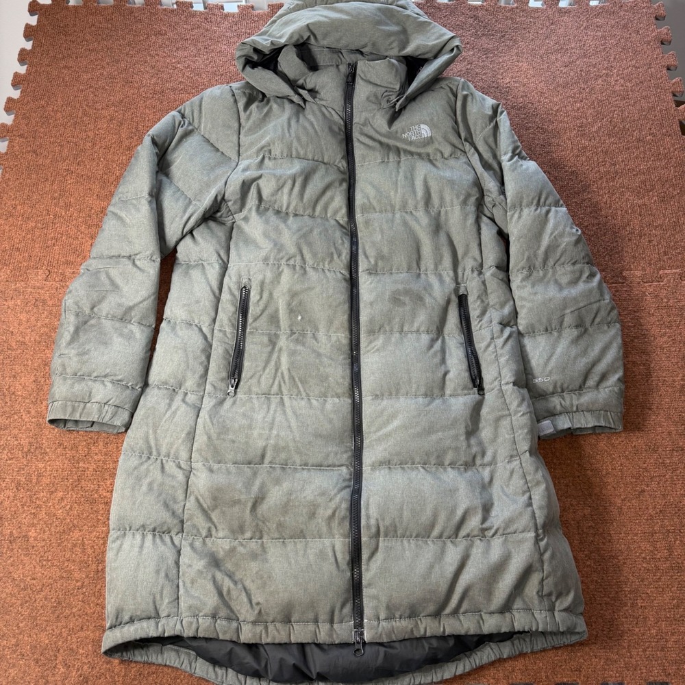 C+ The North Face Womens 550 Down Parka Jacket Grey Heather Hooded Puffer Coat L